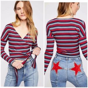 Free People Always With Me Striped Wrap long Sleeve Top Size XS Red White Blue